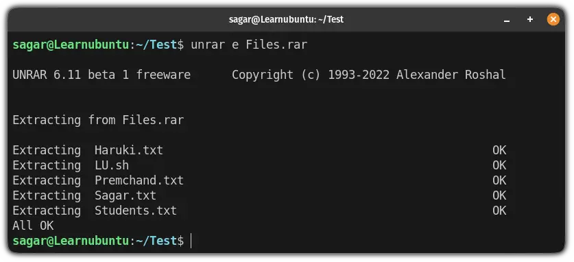 extract RAR file using the unrar command