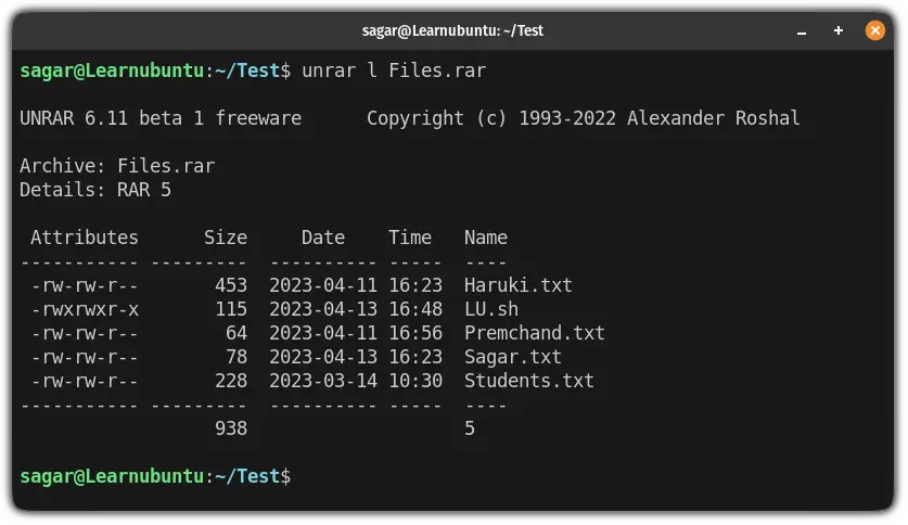 list the file contents of the rar file using the unrar command
