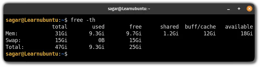 show the total amount of memory using the free command