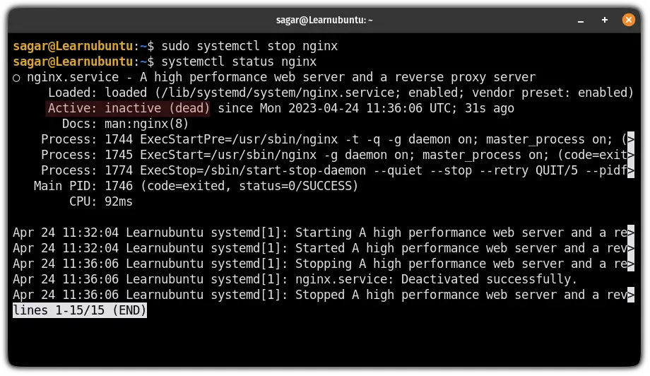 stop the Nginx service using the systemctl command in ubuntu