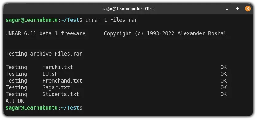 test intigrity of a RAR file using the unrar command
