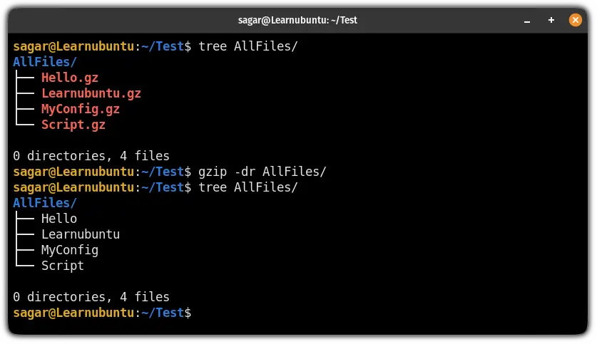 uncompress files recusrively using the gzip command in ubuntu