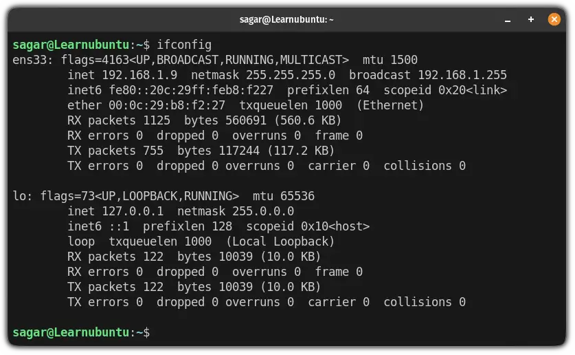 use ifconfig command in ubuntu