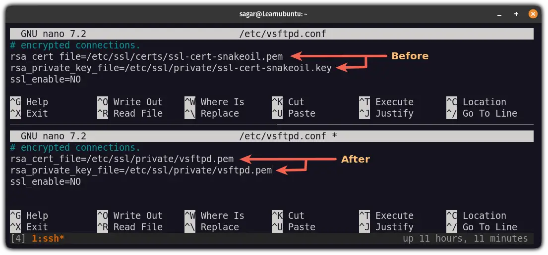 add path to SSL certificates in vsftpd config file to secure FTP in Ubuntu