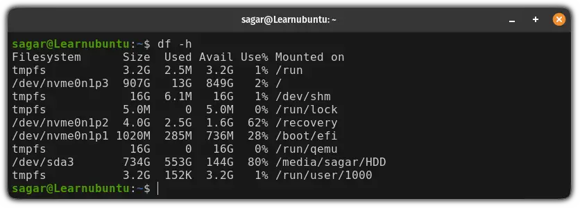 use df command to check the free space in Ubuntu