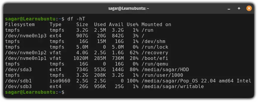 find out type of filesystem in Linux using the df command