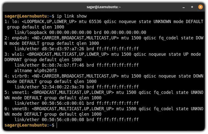 list network interfaces in ubuntu using the ip command in ubuntu