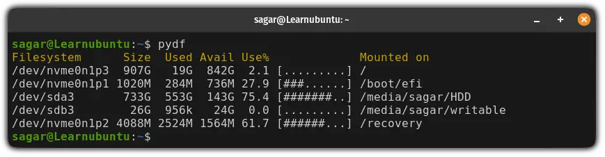 use modern alternative of the df command pydf in ubuntu