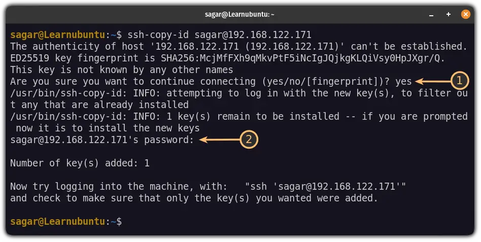 use ssh-copy-id command to copy public key to the Ubuntu server
