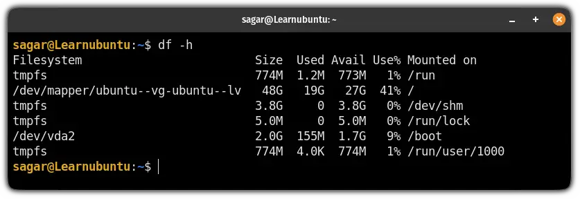 use the df command to get the disk usage info in ubuntu linux