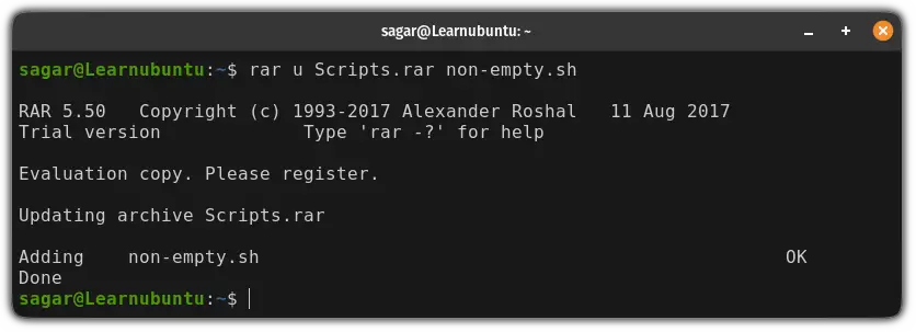 add files to existing RAR file in Ubuntu