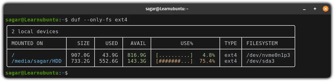 find free disk space in ubuntu based on filesystem type