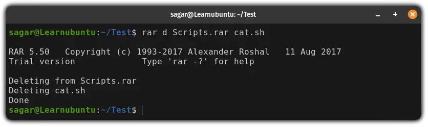remove a file from RAR archive in Ubuntu