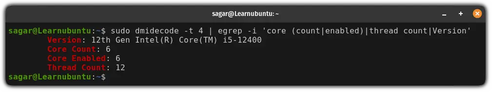 use dmidecode command to find the number of CPU cores in Ubuntu