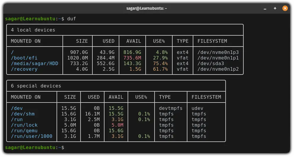 use duf command to check free space in Ubuntu