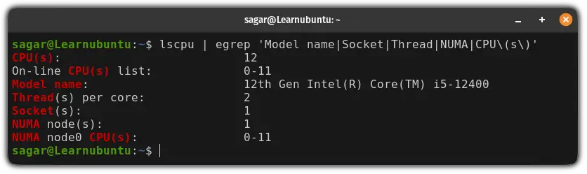 use lscpu command to find the number of cores in Ubuntu
