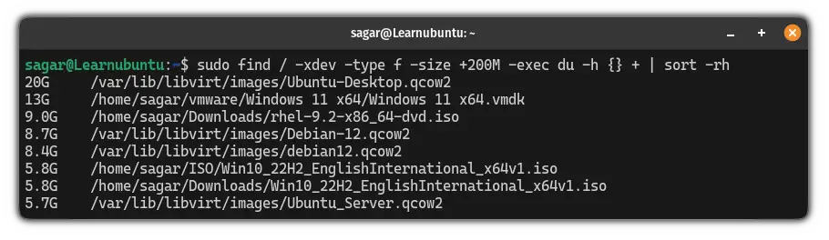 List large files and sort them using the find command in Ubuntu