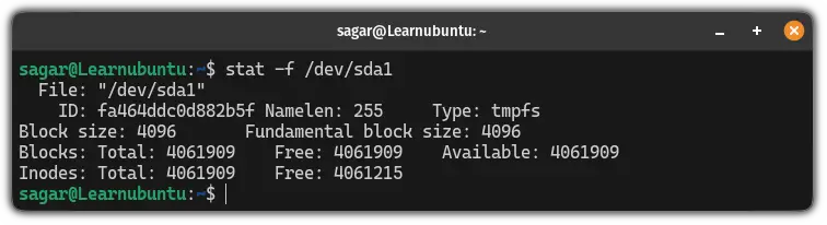 Check the status of filesystem using the stat command