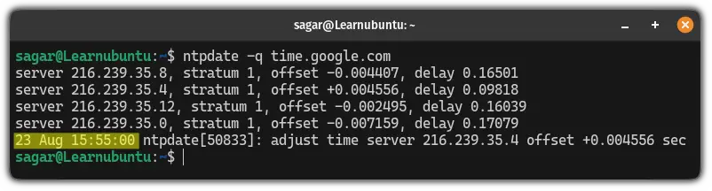 Use the ntpdate command to find the current time and date in Ubuntu terminal