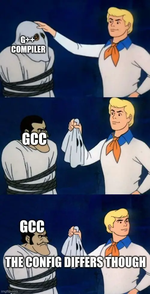G++ compiler when unmasked reveals GCC (but the configuration differs)