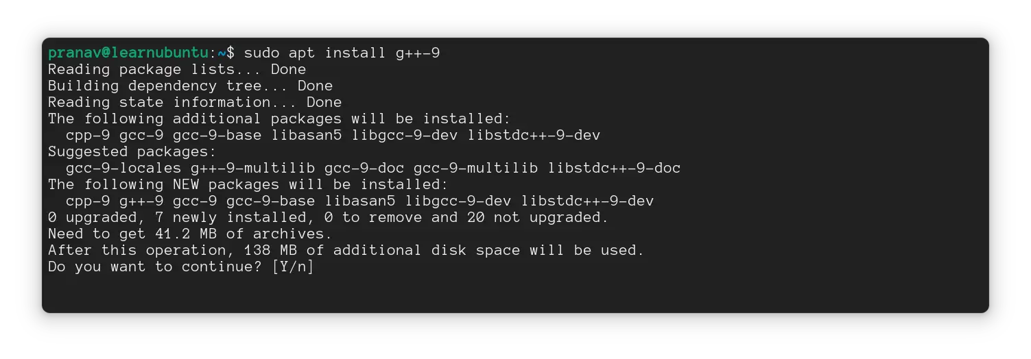 Installing g++ version 9 of the compiler
