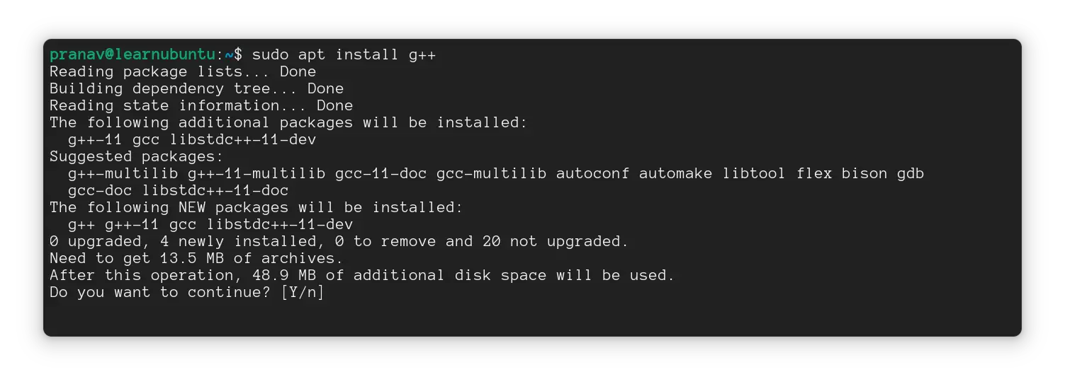 Installing g++ from the command line (sudo apt install g++)