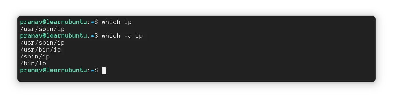 All occurrences of the ip command using `which -a ip`