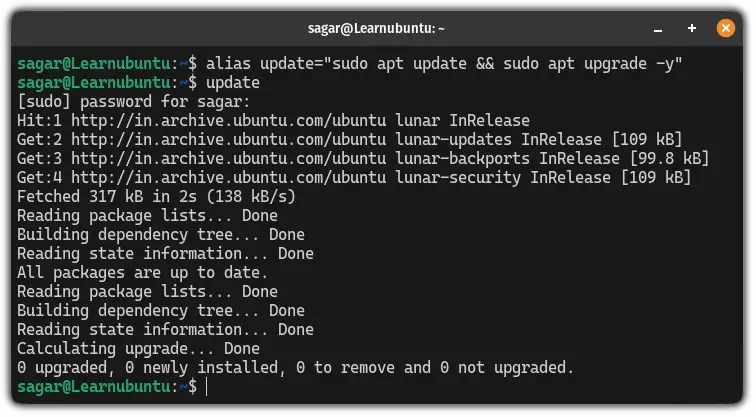 Create a temporary custom command using alias in Ubuntu Linux