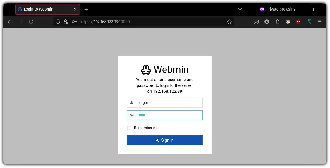 Access the Webmin control panel from browser