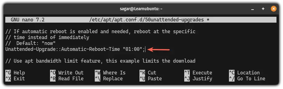 Define time to automatic reboot to take effect from the automatically applied security patches in Ubuntu