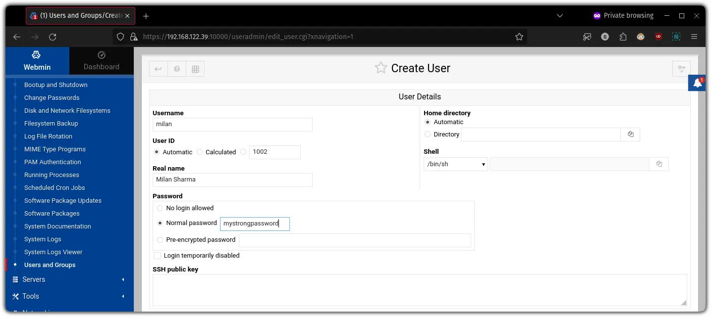 How to create a new user in Webmin