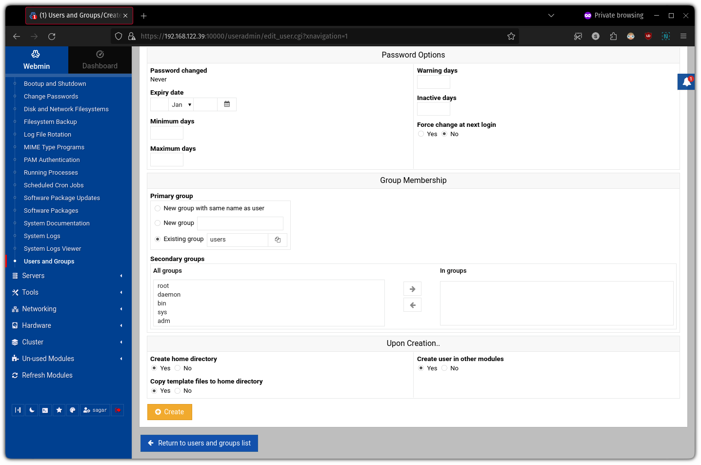 Options to create user in webmin