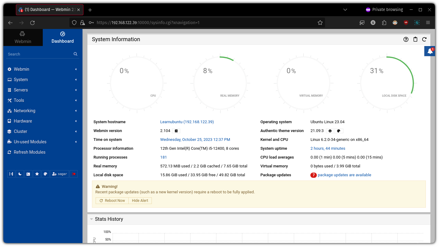 Webmin dashboard