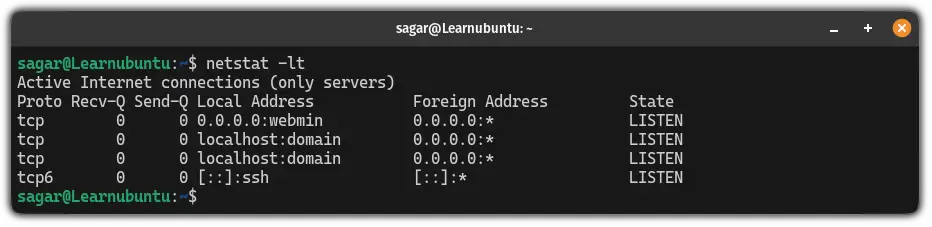 List listening TCP ports using the netstat command in Ubuntu Linux