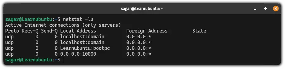 List listening UDP ports using the netstat command in Ubuntu Linux