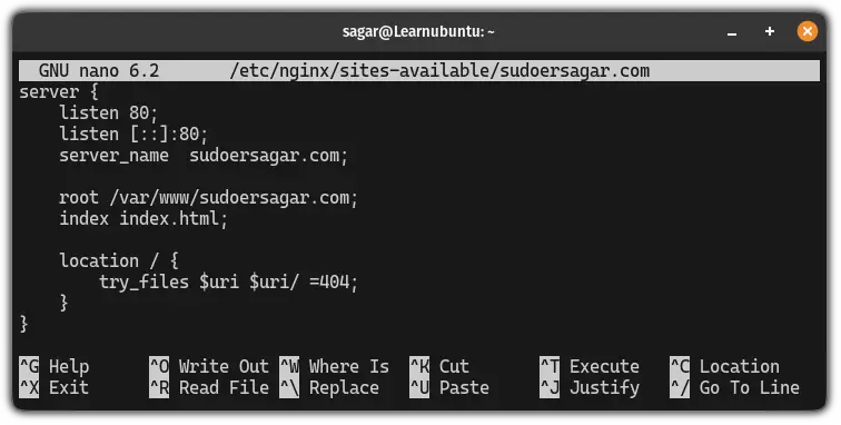 create configuration file for NGINX web server in Ubuntu