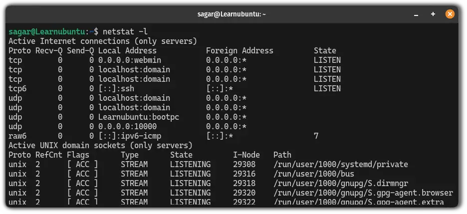 list all the listening ports using netstat command in Ubuntu Linux