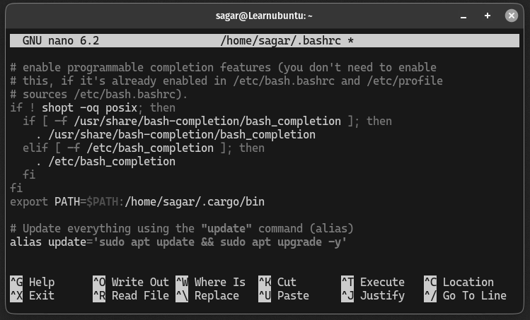 save changes and exit from the bashrc file