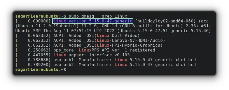 use dmesg command to get kernel version