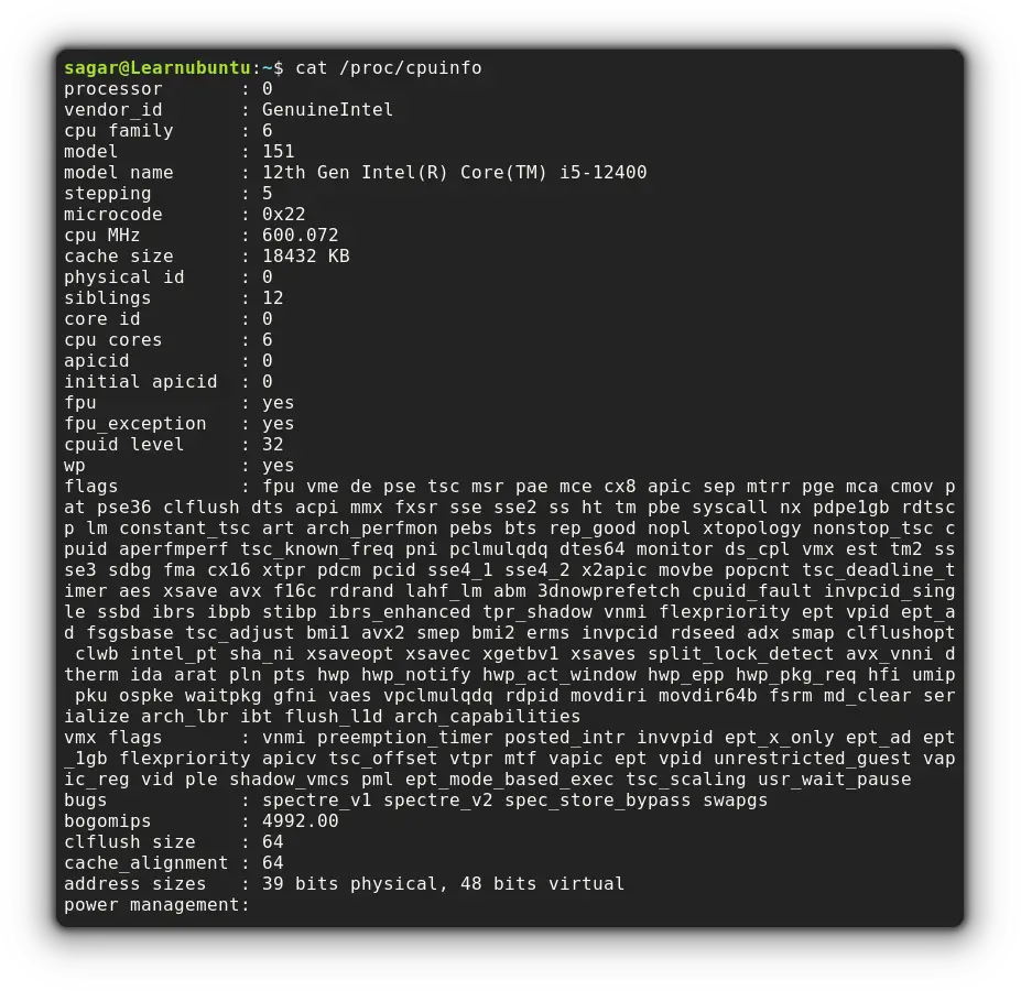 use cat command to get cpu details in linux