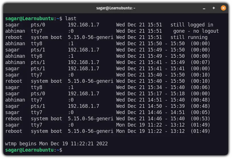 List logged-in users since the last reboot in ubuntu