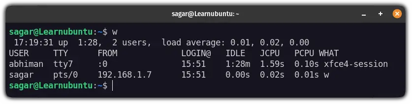 find currently logged in users in ubuntu using the w command