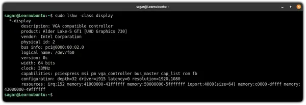 use lshw command to get the GPU info in ubuntu