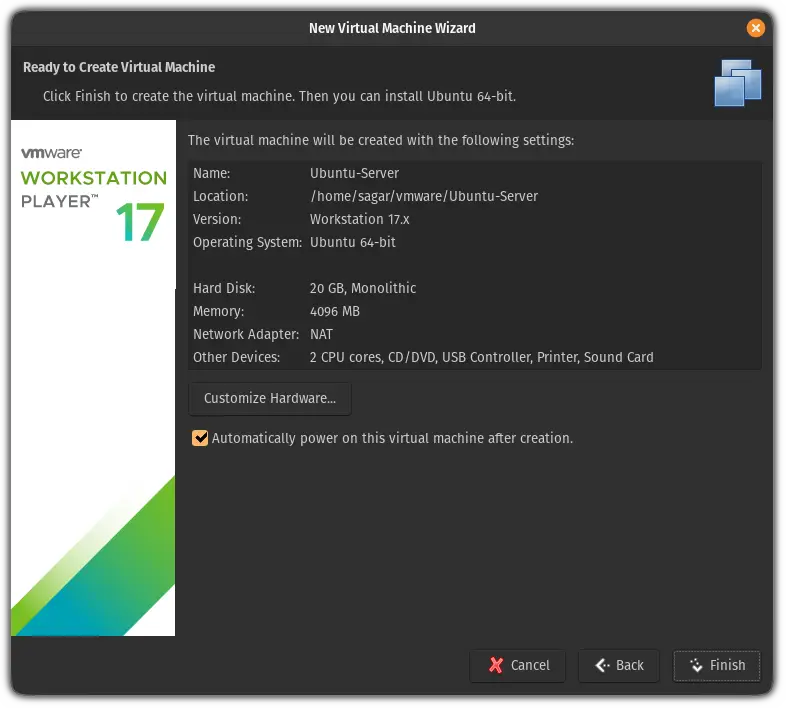 summery of configured VM in VMWare player