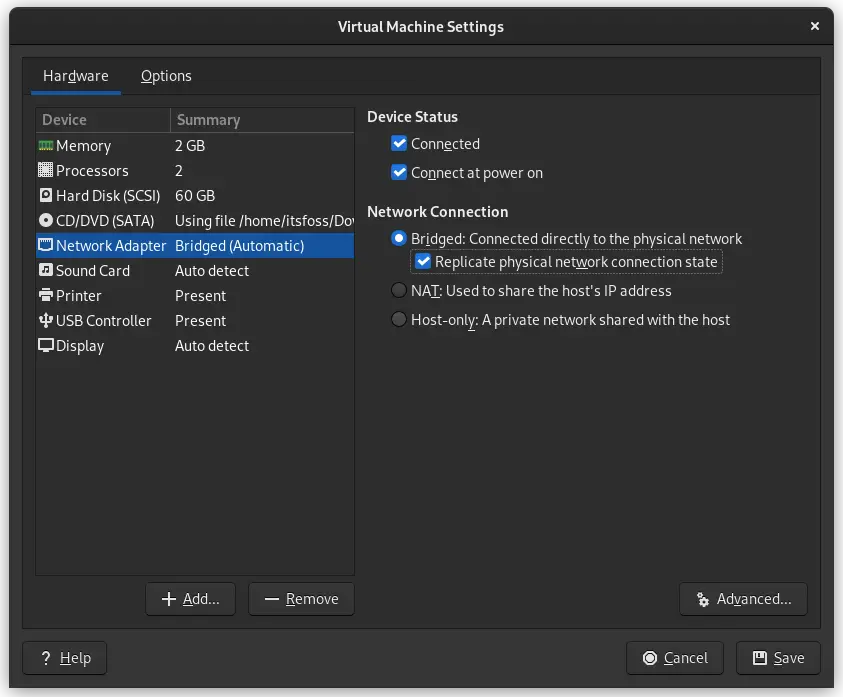 Enable bridged connection in VMWare to use SSH