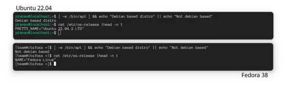 Output of the conditional statement given above in Ubuntu and Fedora